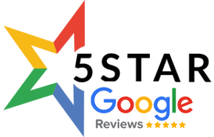 A logo features a colorful five-pointed star with segments in red, green, blue, and yellow on the left. To the right, it reads "Five Star" in bold black text. Below is the Google logo with "4.9" and five yellow stars indicating top reviews.