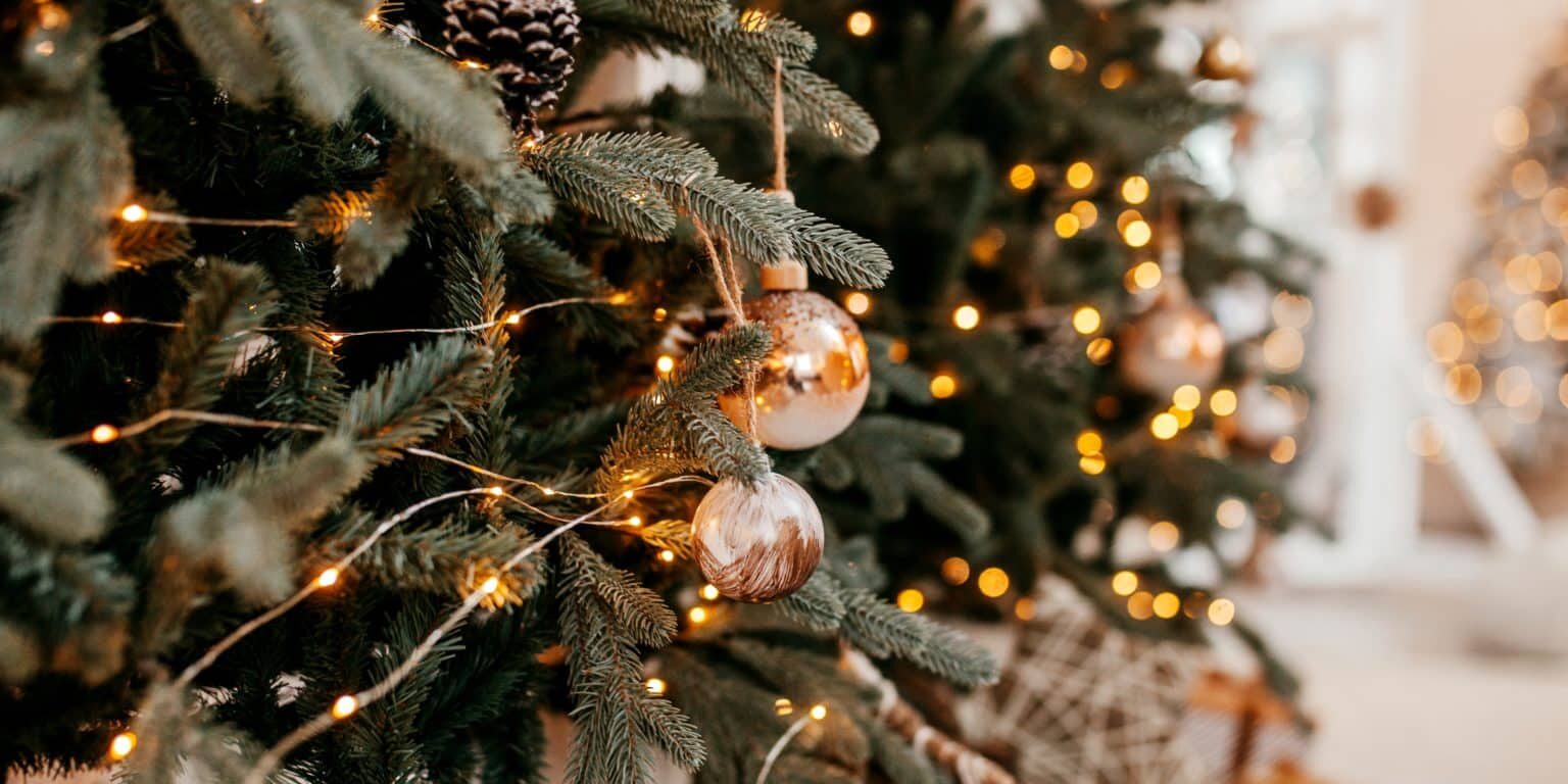 Close-up of a decorated Christmas tree with twinkling white fairy lights and various ornaments, including pine cones and spherical baubles, hanging from its branches. A second Christmas tree is visible in the background, enhancing the festive atmosphere. Happy Holidays!